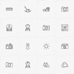 Holiday line icon set with sun, sledge and rocking chair