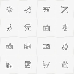 Holiday line icon set with sun, thermos  and romantic dinner
