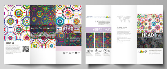Tri-fold brochure business templates on both sides. Easy editable abstract vector layout in flat design. Bright color background in minimalist style made from colorful circles.