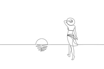 Continuous one single line art girl walking on sand beach concept. Beautiful woman sunset tropical holiday travel seashore hand drawn sketch. Beauty young lady horizont white vector illustration © LuckyStep