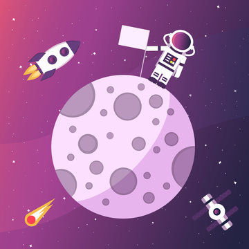 Astronaut with a flag on the moon. Open space. Vector illustration
