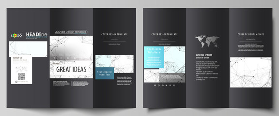 Tri-fold brochure business templates on both sides. Abstract vector layout in flat design. Chemistry pattern, connecting lines and dots, molecule structure on white, geometric graphic background.