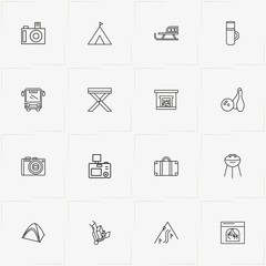 Holiday line icon set with baggage, fireplace and bus