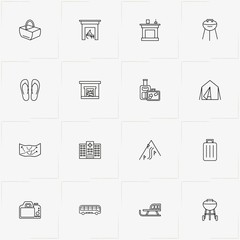 Holiday line icon set with sledge, barbecue stand and bus