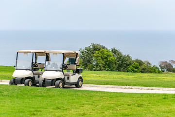 Two empty white golf carts parked beside each other on the driveway of a golf course in Montego Bay, Jamaica
