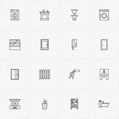 Home line icon set with bed, fence and plant in pot