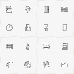 Home line icon set with toilet, clock and fence