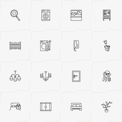 Home line icon set with plant in pot, washing machine  and bed