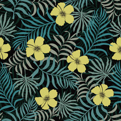 Tropical background with palm leaves and flowers. Seamless floral pattern. Summer vector illustration