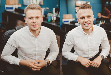 Before and after Man in barber chair, hairdresser styling in barbershop