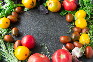 tomatoes basil rosemary garlic view flat  healthy vegetarian food and harvest, banner