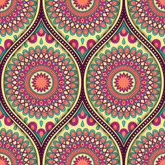 Seamless pattern with ethnic mandala ornament. Hand drawn vector illustration