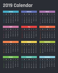 calendar for 2019 starts sunday, vector calendar design 2019 year