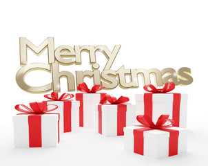 merry christmas golden bold letters with christmas gifts 3d-illustration