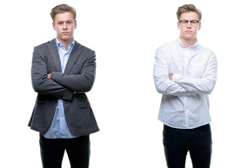 Young handsome blond business man wearing different outfits skeptic and nervous, disapproving expression on face with crossed arms. Negative person.