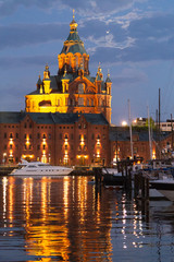 View from Pohjoisranta, Helsinki, towards Uspenski Cathedral at night.