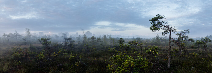 A futuristic panorama of a swamp with an active oil refinery situated in Porvoo, Finland.