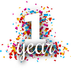 One year anniversary with colorful confetti.