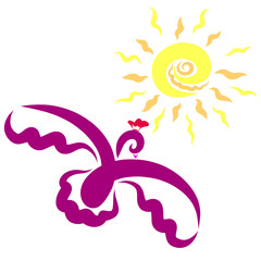 A bird with a crown on its head, flying towards the shining sun
