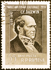 Portrait of Charles Darwin on vintage romanian stamp