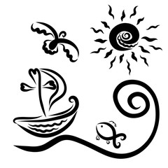 A ship with a cross floating on the waves to the sun, a flying bird and fish in the sea, Christian symbols