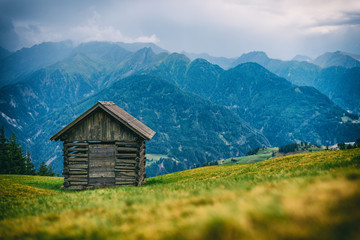 Hütte auf einer Wiese in den Alpen im Sommer
