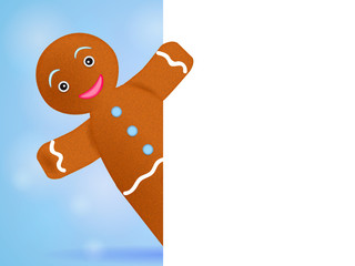 Cartoon gingerbread man looks out of a sheet of paper. Vector illustration