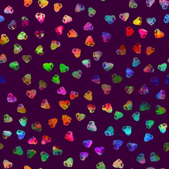 seamless pattern with brush hearts. Rainbow color on violet background. Hand painted grange texture. Ink grange elements. Decorative ornament of love sign. Repeat fabric print.