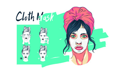 step-by-step skin care fabric mask on the example of a beautiful girl