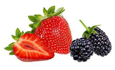 Collage of fresh berries strawberries and blackberries isolated on white background with clipping path