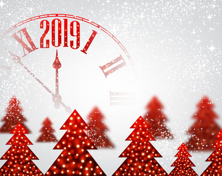 White 2019 New Year background with clock and Christmas trees.