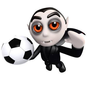 3d Funny cartoon vampire dracula character holding a football soccer ball