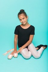 Child tender dancer look gorgeous fancy leotard. Dream every girl become famous gymnast. Kid sit...