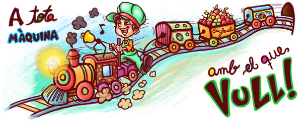Niño maquinista de tren transportando fruta, estilo de dibujo infantil, colorido y animación 2D, con textura de lápices de colores o tizas pastel, frase y texto caligráfico motivador en catalán.