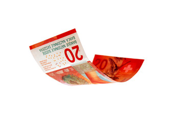 Flying Swiss money  - 20 francs note isolated with clipping path