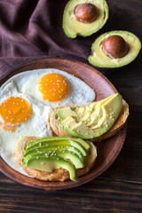 Fried eggs with toasts and avocado