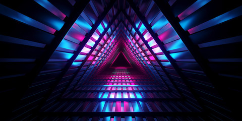 Fototapeta premium Futurystyczny Sci Fi Ciemny pusty trójkąt Wewnętrzny korytarz z metalowej siatki z niebieskimi i fioletowymi neonami Odbita koncepcja technologiczna Renderowanie 3D