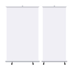 Blank roll up banners set isolated on the white background. Design template blank pop up banner for presentation, corporate training and briefing. Vector mockup.