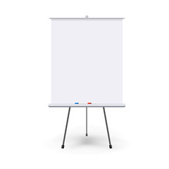 Vector realistic blank flipchart with three legs isolated on white clean background. White roll up banner for presentation, corporate training and briefing. Vector mockup. - obrazy, fototapety, plakaty