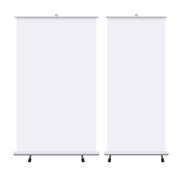 Blank roll up banners set isolated on the white background. Design template blank pop up banner for presentation, corporate training and briefing. Vector mockup.