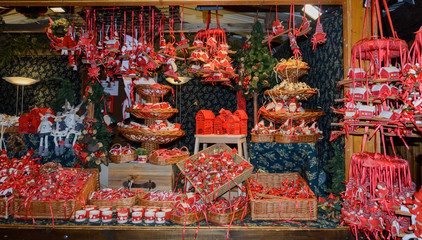 Christmas markets in Vienna. Preparing for the Christmas holiday, selling souvenirs, Christmas decorations, nice gifts, Christmas sweets. At the fair, the Christmas atmosphere.