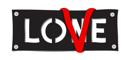 Lone - love concept. Modern vector design. Pinned cloth with red ribbon letter V.