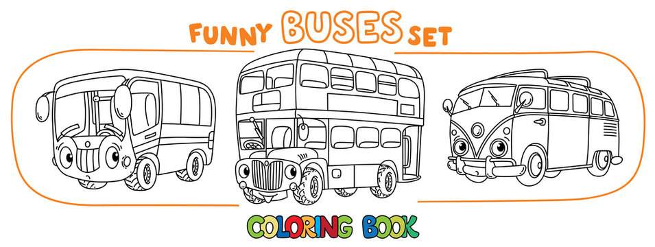 Funny vintage buses with eyes. Coloring book set