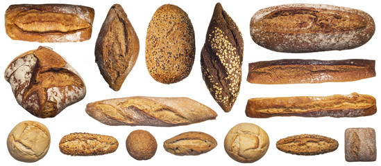 From above of assorted composition of various bread loaves and buns and baguettes isolated on white background - Powered by Adobe