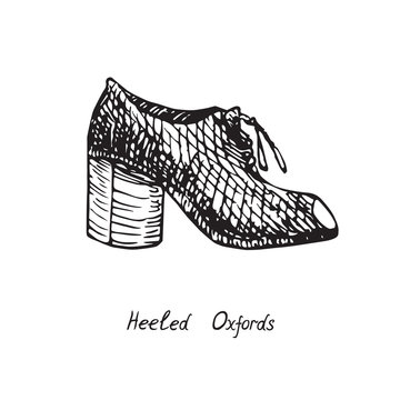 Heeled Oxfords, isolated hand drawn outline doodle, sketch, black and white vector illustration with inscription
