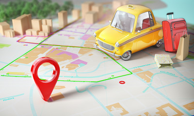 Taxi concept. Yellow taxi with pin on a city map with blur. 3d illustration