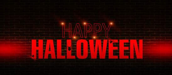The background of a brick wall with neon text "Halloween", lights and glow. Happy Halloween Holiday