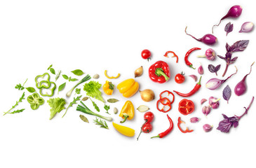 A composition of vegetables lined with a color gradient isolated on a white background.Healthy nutrition