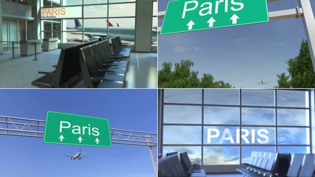 Trip to Paris. Airplane arrives to France conceptual montage animation