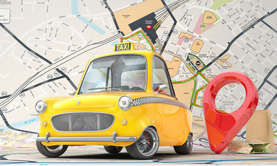 Taxi concept. Yellow taxi with pin on a city map. 3d illustration